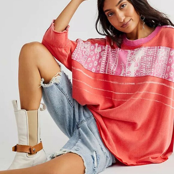 We The Free Tops - We The Free Happiness in Bloom Tee 3/4 Sleeve Drop Shoulder Coral-Pink